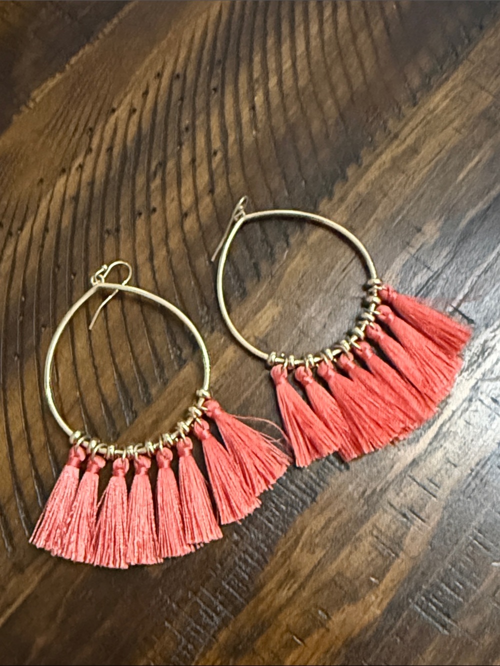 Gold Hoop Tassel Earrings with Coral Pink Fringe